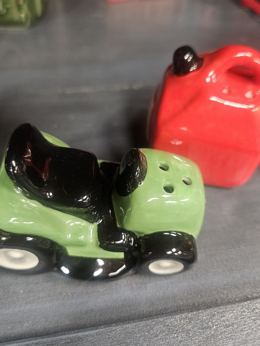 Green and Black Ceramic Tractor & Gas Can Salt & Pepper Shakers